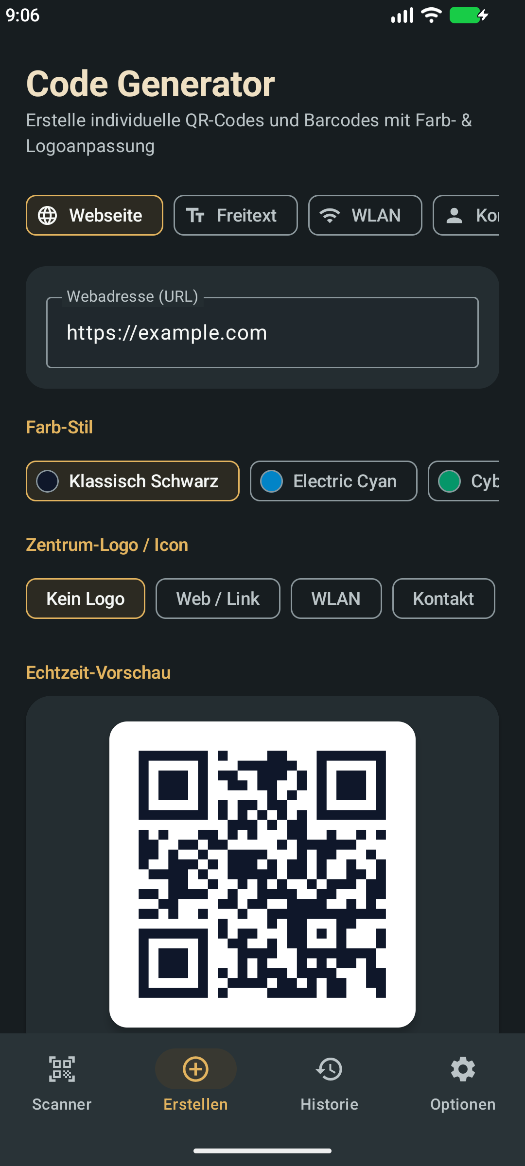 LynxQR im dunklen Modus: QR-Code-Generator mit Eingabefeld, Gestaltung und Code-Vorschau